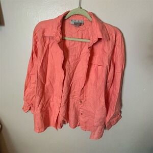 Real Comfort Womens Coral Pink 100% Linen Button Down Shirt Size S Long Sleeve